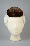 Toque, brown straw trimmed with brown velvet ruffles, c. 1870s, front view by Irma G. Bowen Historic Clothing Collection