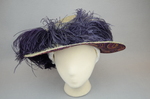 Hat, pale cream with purple ostrich plumes, c. 1900-1915, front view by Irma G. Bowen Historic Clothing Collection