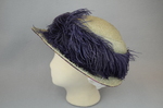Hat, pale cream with purple ostrich plumes, c. 1900-1915, left side view by Irma G. Bowen Historic Clothing Collection