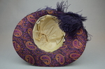 Hat, pale cream with purple ostrich plumes, c. 1900-1915, interior view by Irma G. Bowen Historic Clothing Collection
