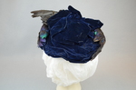Toque, blue velvet with rhinestones and feathers, 1890s, back view by Irma G. Bowen Historic Clothing Collection