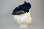 Toque, blue velvet with rhinestones and feathers, 1890s, right side view by Irma G. Bowen Historic Clothing Collection