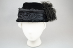 Toque, black velvet with ostrich feathers, c. 1910-1920, front view by Irma G. Bowen Historic Clothing Collection