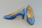 Shoes, blue satin dress pumps, 1958, side and front view by Irma G. Bowen Historic Clothing Collection