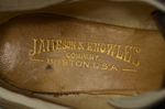 Shoes, tan suede Oxfords, 1930s, detail of label by Irma G. Bowen Historic Clothing Collection