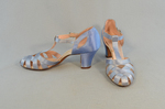 Shoes, blue satin sandals, 1938, side and front view by Irma G. Bowen Historic Clothing Collection