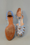 Shoes, blue satin sandals, 1938, top and sole view by Irma G. Bowen Historic Clothing Collection