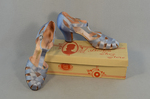 Shoes, blue satin sandals, 1938, shoes and box