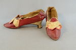 Shoes, red and white kidskin with latchets, 1780-1790, side and front view