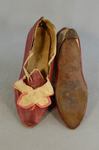 Shoes, red and white kidskin with latchets, 1780-1790, top and sole view by Irma G. Bowen Historic Clothing Collection