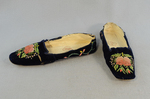 Shoes, blue velvet boudoir slippers, 1830-1840, side and front view by Irma G. Bowen Historic Clothing Collection