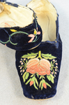 Shoes, blue velvet boudoir slippers, 1830-1840, detail of embroidery by Irma G. Bowen Historic Clothing Collection