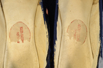 Shoes, blue velvet boudoir slippers, 1830-1840, detail of labels by Irma G. Bowen Historic Clothing Collection
