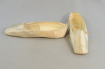 Shoes, white satin evening slippers, 1854-1856, side and front view