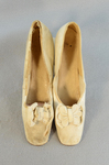 Shoes, white kidskin slippers with pinked bow, 1860s, top view by Irma G. Bowen Historic Clothing Collection
