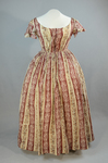 Dress, red and cream striped printed cotton, c. 1850s, front view by Irma G. Bowen Historic Clothing Collection