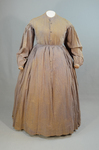 Dress, printed cotton with lavender and black, 1860s, front view by Irma G. Bowen Historic Clothing Collection