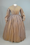 Dress, printed cotton with lavender and black, 1860s, original waist size, front view by Irma G. Bowen Historic Clothing Collection