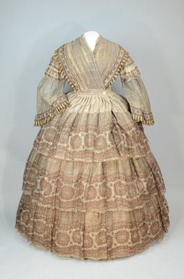 Dress, fan-front bodice and tiered skirt, of printed barege, 1850s, fr by  Irma G. Bowen Historic Clothing Collection