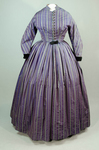 Dress, purple silk with silver, black, and pink stripes, c. 1865, front view by Irma G. Bowen Historic Clothing Collection