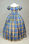 Dress, blue, yellow, and black plaid silk, with evening bodice, 1860s, front view by Irma G. Bowen Historic Clothing Collection