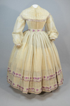 Walking dress, three pieces with bodice, skirt, and sash, beige barege with purple stripes and leaves, 1860s, front view by Irma G. Bowen Historic Clothing Collection