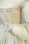 Walking dress, three pieces with bodice, skirt, and sash, beige barege with purple stripes and leaves, 1860s, detail of cuff, sash, and trim by Irma G. Bowen Historic Clothing Collection