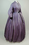 Dress, purple silk with silver, black, and pink stripes, c. 1865, side view by Irma G. Bowen Historic Clothing Collection