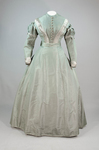 Dress, sage silk taffeta with belt, c. 1870, front view by Irma G. Bowen Historic Clothing Collection