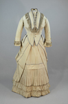 Dress, light gray silk faille with steel blue trim, 1870s, front view by Irma G. Bowen Historic Clothing Collection