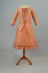 Girl’s dress, salmon and maroon silk taffeta check with bustle, 1880s, front view by Irma G. Bowen Historic Clothing Collection