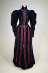 Dress, blue velvet and blue voided velvet on a red ground, c. 1892, front view by Irma G. Bowen Historic Clothing Collection