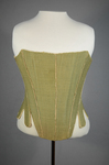 Stays, green wool and natural linen with whalebone, c. 1780, front view by Irma G. Bowen Historic Clothing Collection