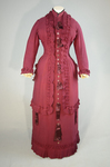 Housedress, cranberry red wool with self-trims, 1880s, front view by Irma G. Bowen Historic Clothing Collection