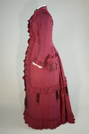 Housedress, cranberry red wool with self-trims, 1880s, side view by Irma G. Bowen Historic Clothing Collection