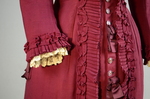 Housedress, cranberry red wool with self-trims, 1880s, detail of cuff and front by Irma G. Bowen Historic Clothing Collection