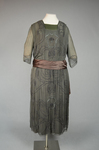 Dress, dark olive chiffon with brown satin sash over brown satin foundation, c. 1922, front view by Irma G. Bowen Historic Clothing Collection