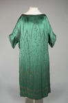 Dress, emerald green silk crepe with steel beads in Art Nouveau patterns, 1920s, front view by Irma G. Bowen Historic Clothing Collection