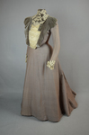 Dress, mauve and cream striped wool with gray velvet, c. 1898, quarter view by Irma G. Bowen Historic Clothing Collection