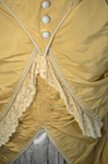 Dress, deep yellow silk taffeta with blue silk satin pleats and long train, 1877-1882, detail of shirring and piping by Irma G. Bowen Historic Clothing Collection