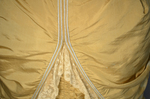 Dress, deep yellow silk taffeta with blue silk satin pleats and long train, 1877-1882, detail of piping rows by Irma G. Bowen Historic Clothing Collection