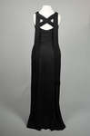 Evening gown, sleeveless, pin-tucked black crepe with long black cord tassels, 1930s, back view by Irma G. Bowen Historic Clothing Collection