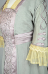 Aesthetic/Japonisme dress, Liberty & Co., gray silk crepe with embroidered mauve satin panels, 1906, detail of sleeve and front