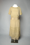 Dress, taupe silk crepe with short sleeves and overskirt embroidered with cord and gold beads, c. 1920, front view by Irma G. Bowen Historic Clothing Collection