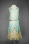 Sheath dress, sleeveless, aqua silk chiffon and lace with silk ribbon flowers, 1925, front view by Irma G. Bowen Historic Clothing Collection