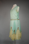 Sheath dress, sleeveless, aqua silk chiffon and lace with silk ribbon flowers, 1925, quarter view by Irma G. Bowen Historic Clothing Collection