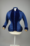 Bodice, blue silk faille with silk velvet panel and pleated peplum, 1890-1892, front view