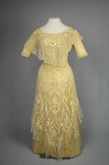Evening gown, pale yellow faille with Chantilly lace and a bobbinet overlay appliquéd with Art Nouveau lilies, c. 1905, front view by Irma G. Bowen Historic Clothing Collection