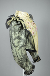 Bodice, black lace over green faille and pale green organdy with shoulder frills, pink beaded flowers, and sequins, c. 1898, side view by Irma G. Bowen Historic Clothing Collection