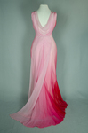 Evening gown, floor-length red and pink ombre chiffon with a train, 1930s, back view with open train by Irma G. Bowen Historic Clothing Collection